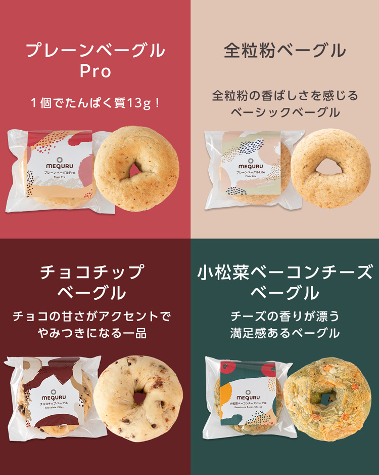 選べる4つのフレーバー: プレーンベーグルPro・全粒粉ベーグル・チョコチップベーグル・小松菜ベーコンチーズベーグル